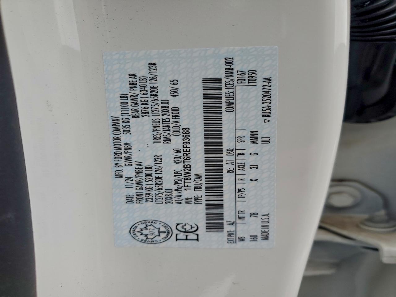 2024 Ford F250 Super Duty VIN: 1FT8W2BT6REF93688 Lot: 90909335