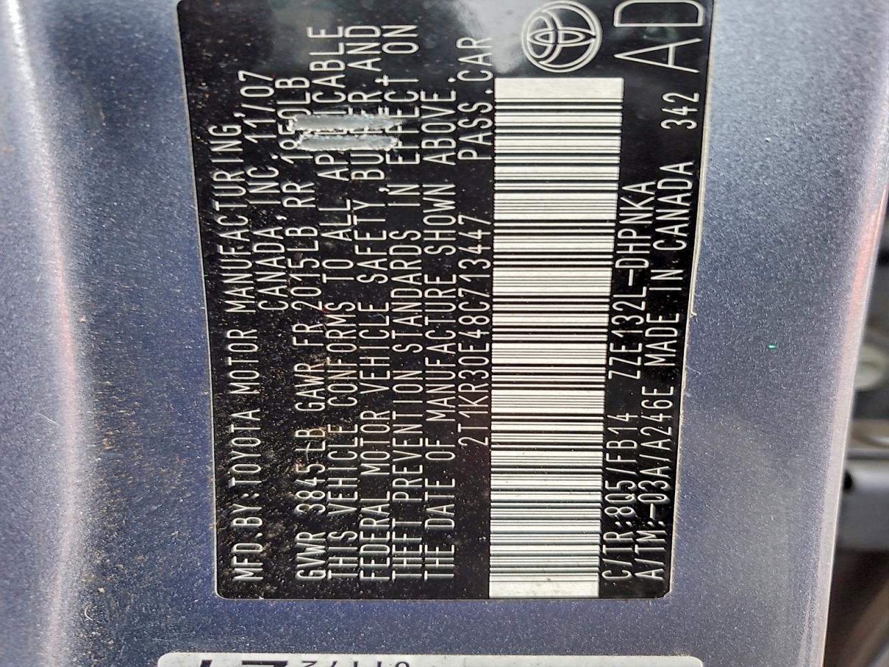 2008 Toyota Corolla Matrix Xr VIN: 2T1KR30E48C713447 Lot: 93654435