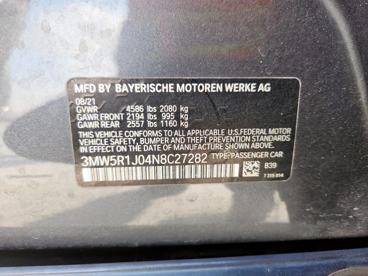 2022 BMW 330I VIN: 3MW5R1J04N8C27282 Lot: 93418945