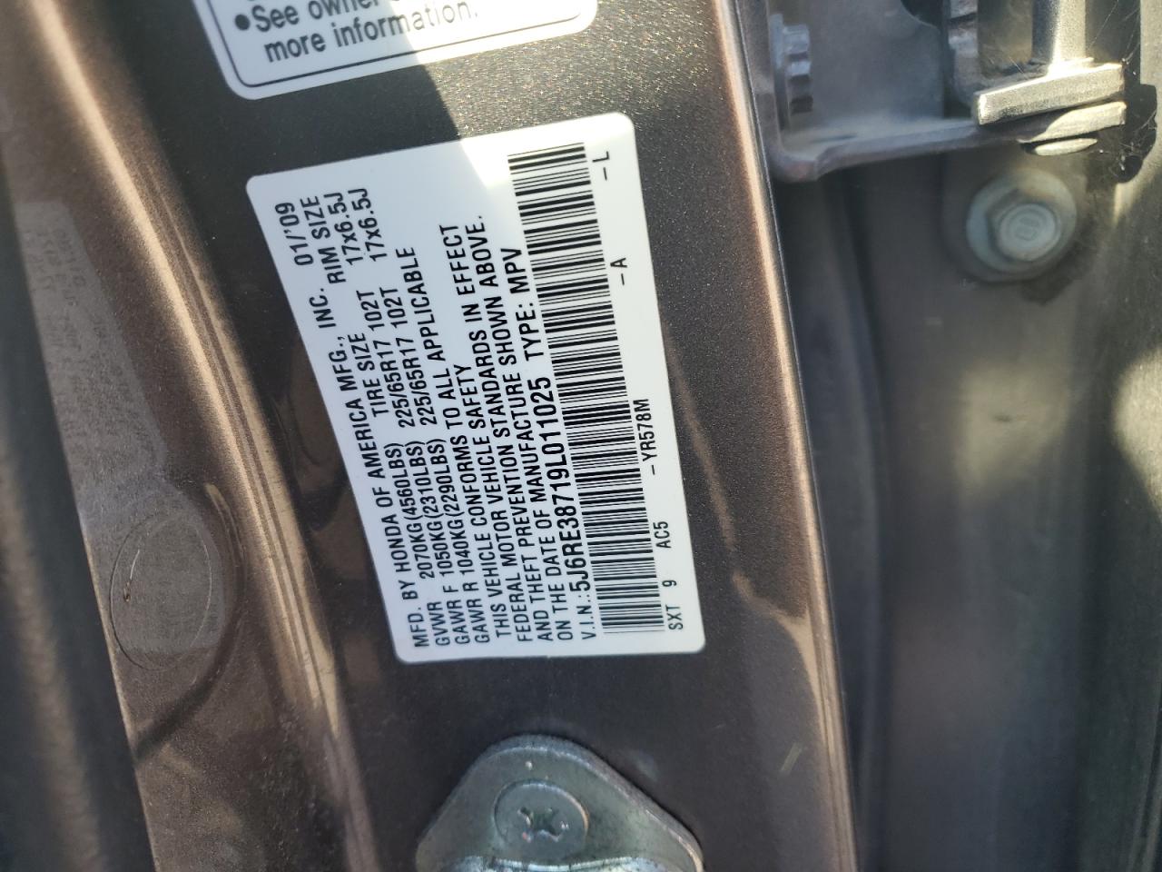 2009 Honda Cr-V Exl VIN: 5J6RE38719L011025 Lot: 91697165