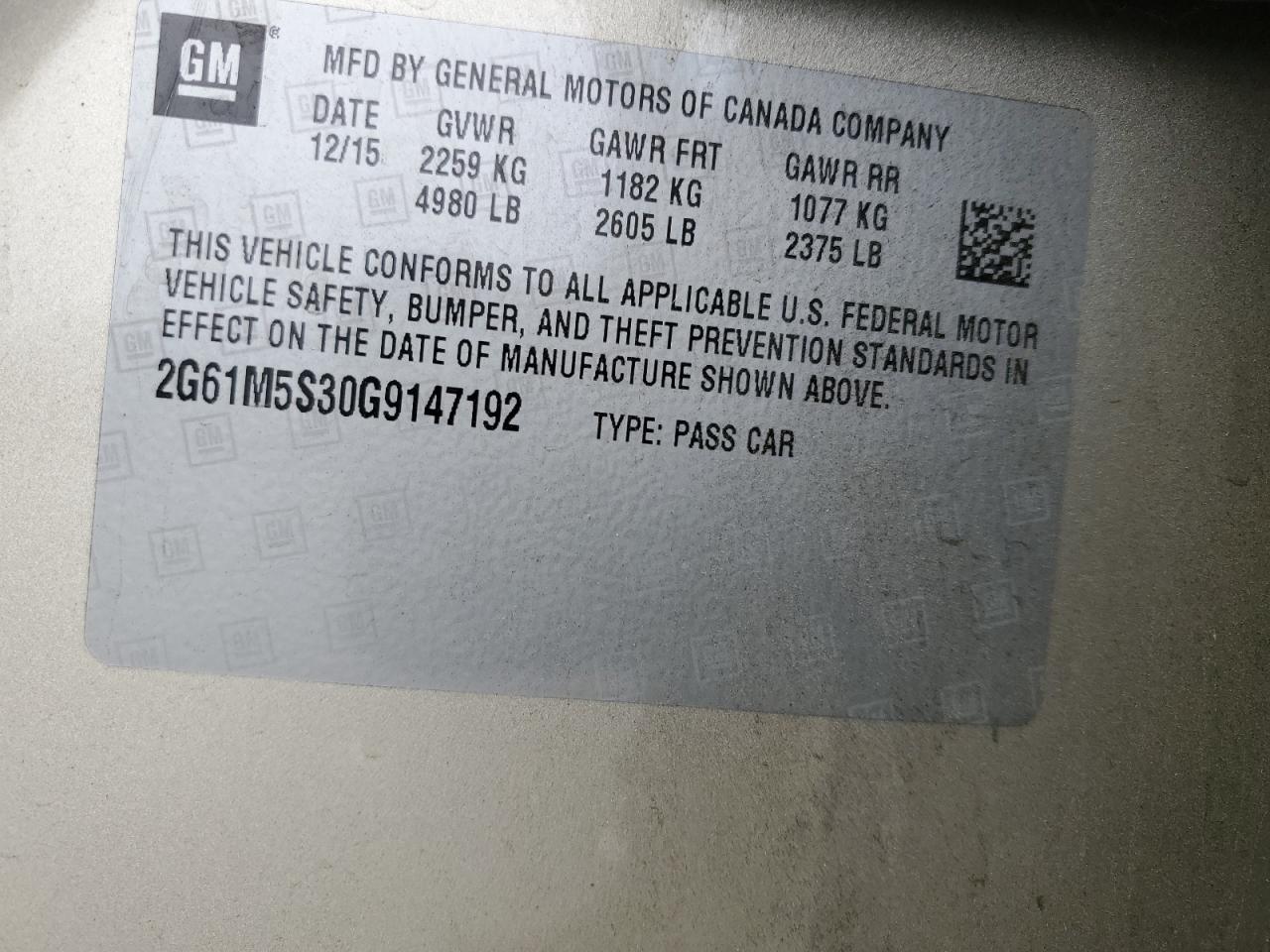 2016 Cadillac Xts Luxury Collection VIN: 2G61M5S30G9147192 Lot: 93115255