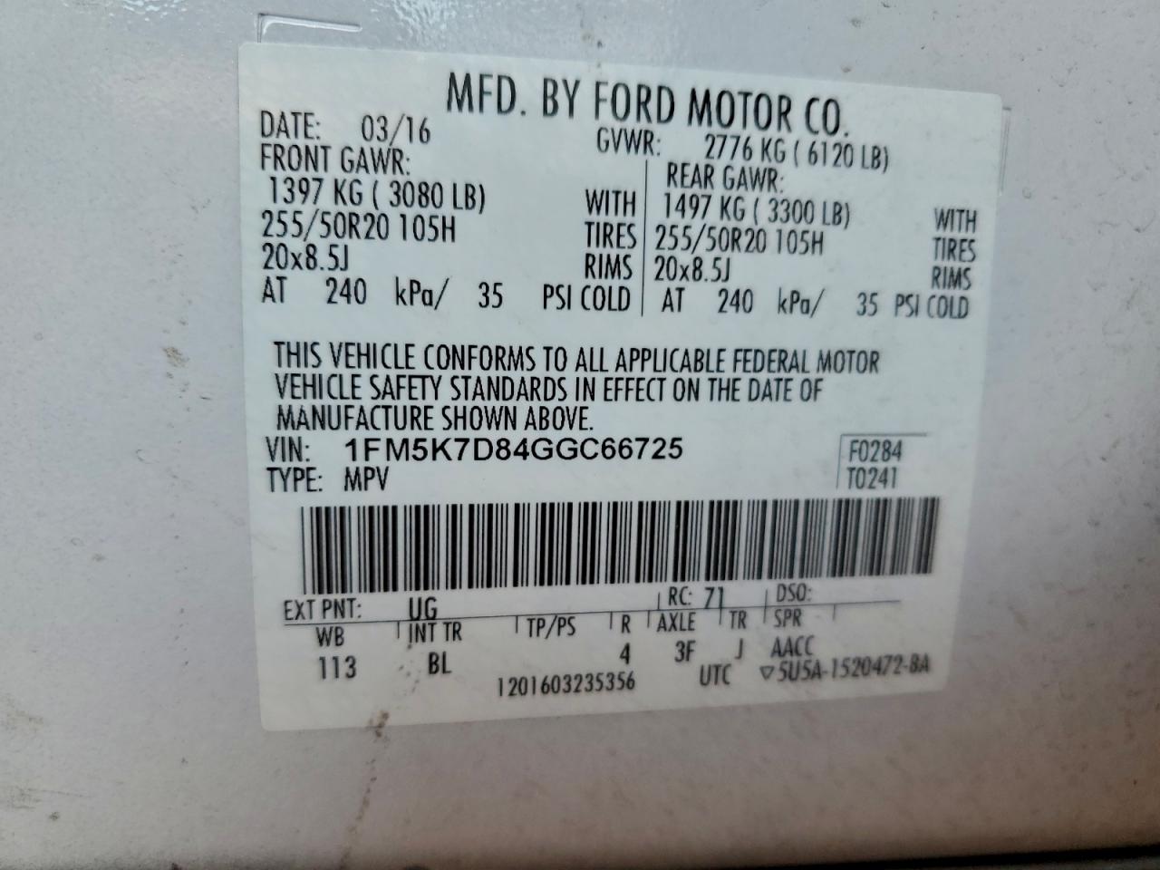 2016 Ford Explorer Xlt VIN: 1FM5K7D84GGC66725 Lot: 94811845