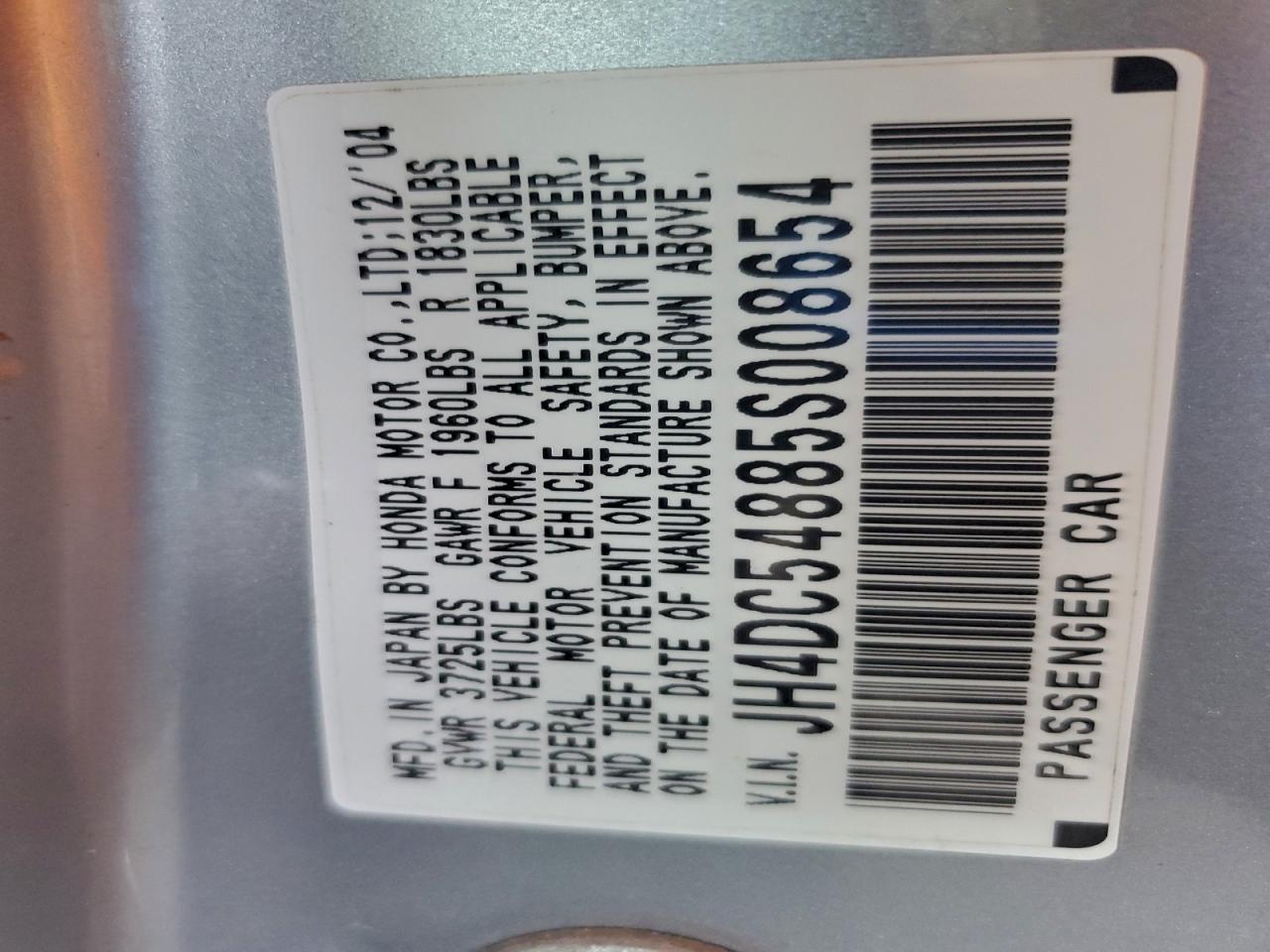 2005 Acura Rsx VIN: JH4DC54885S008654 Lot: 94566795