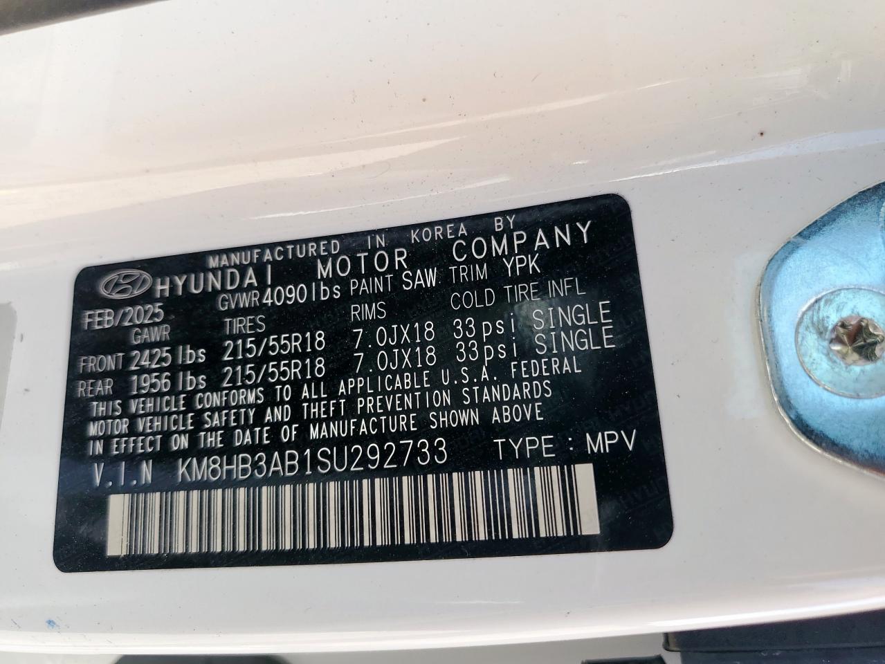 2025 Hyundai Kona Sel VIN: KM8HB3AB1SU292733 Lot: 91505645