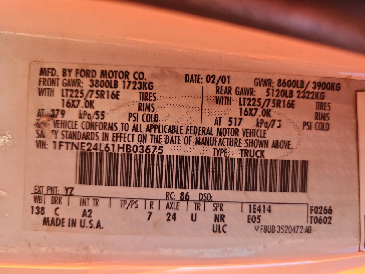 2001 Ford Econoline E250 Van VIN: 1FTNE24L61HB03675 Lot: 91250695