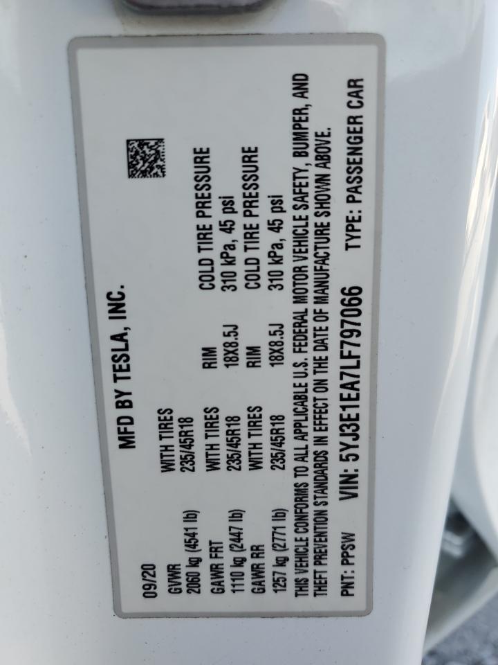 2020 Tesla Model 3 VIN: 5YJ3E1EA7LF797066 Lot: 91409165