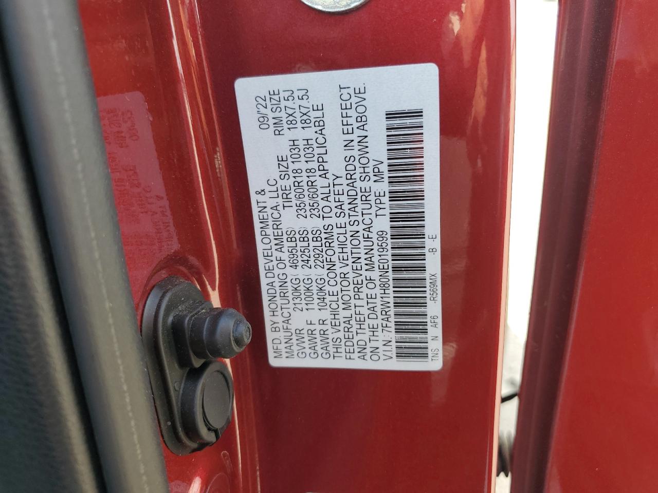 2022 Honda Cr-V Exl VIN: 7FARW1H80NE019599 Lot: 93226885