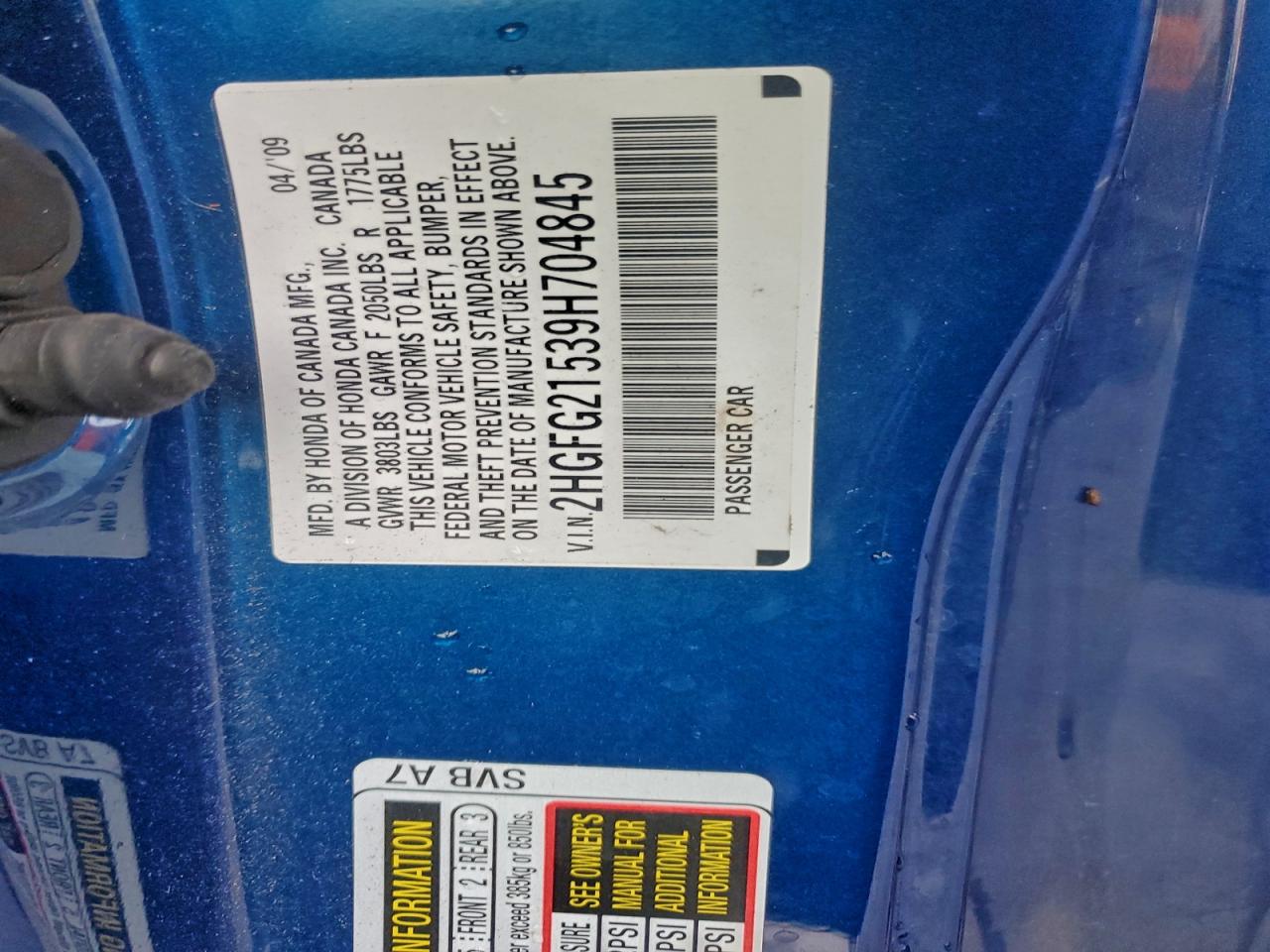 2009 Honda Civic Si VIN: 2HGFG21539H704845 Lot: 94526535