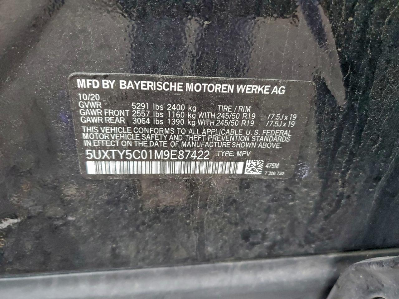 2021 BMW X3 xDrive30I VIN: 5UXTY5C01M9E87422 Lot: 94289365