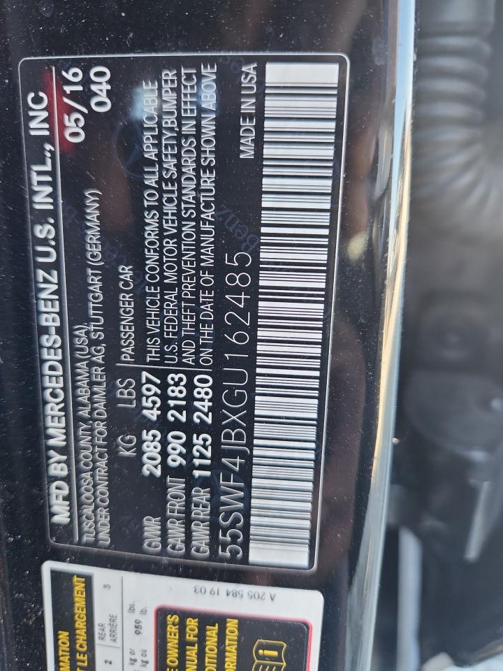 2016 Mercedes-Benz C 300 VIN: 55SWF4JBXGU162485 Lot: 92012855