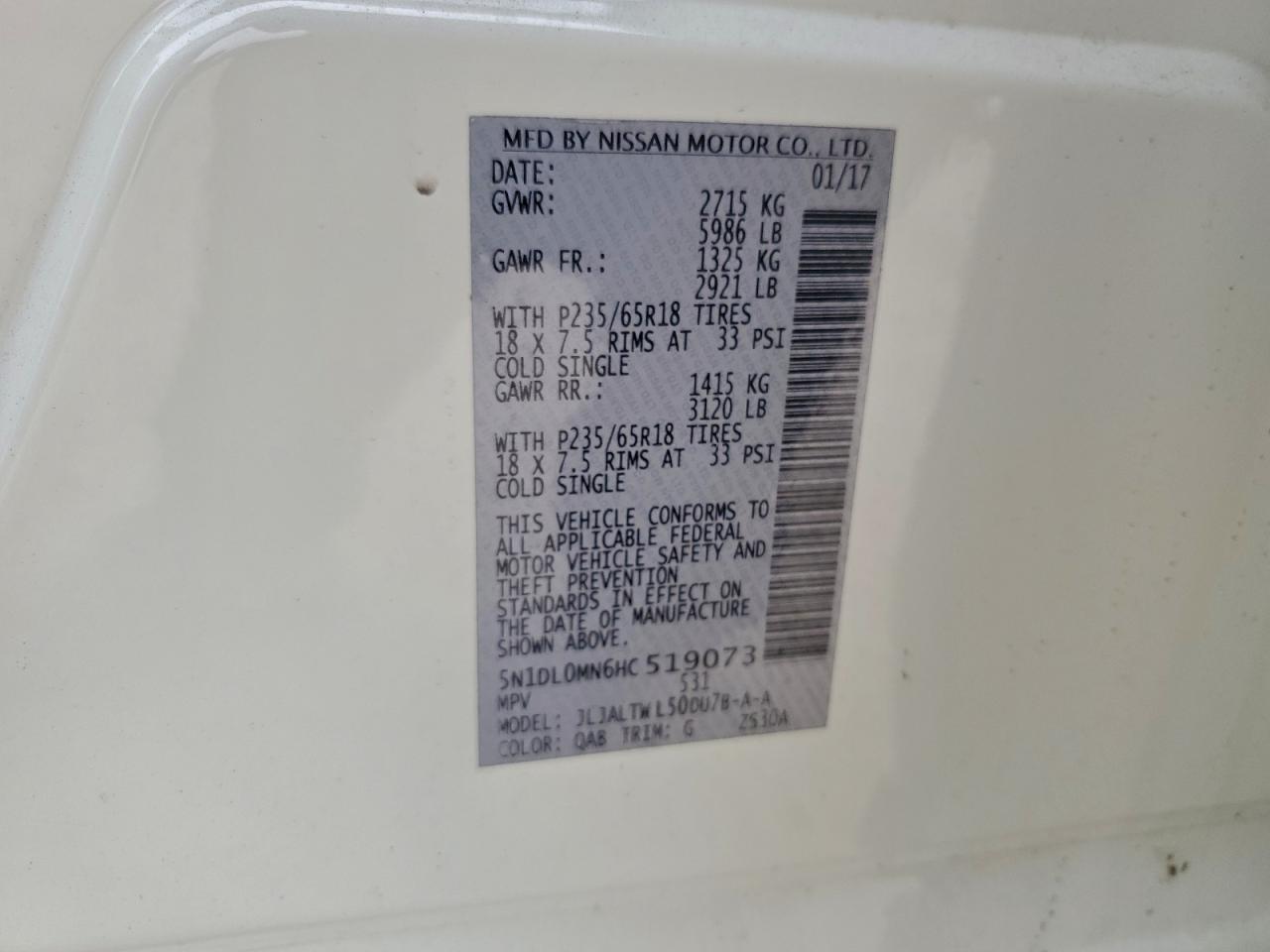 2017 Infiniti Qx60 VIN: 5N1DL0MN6HC519073 Lot: 93566975