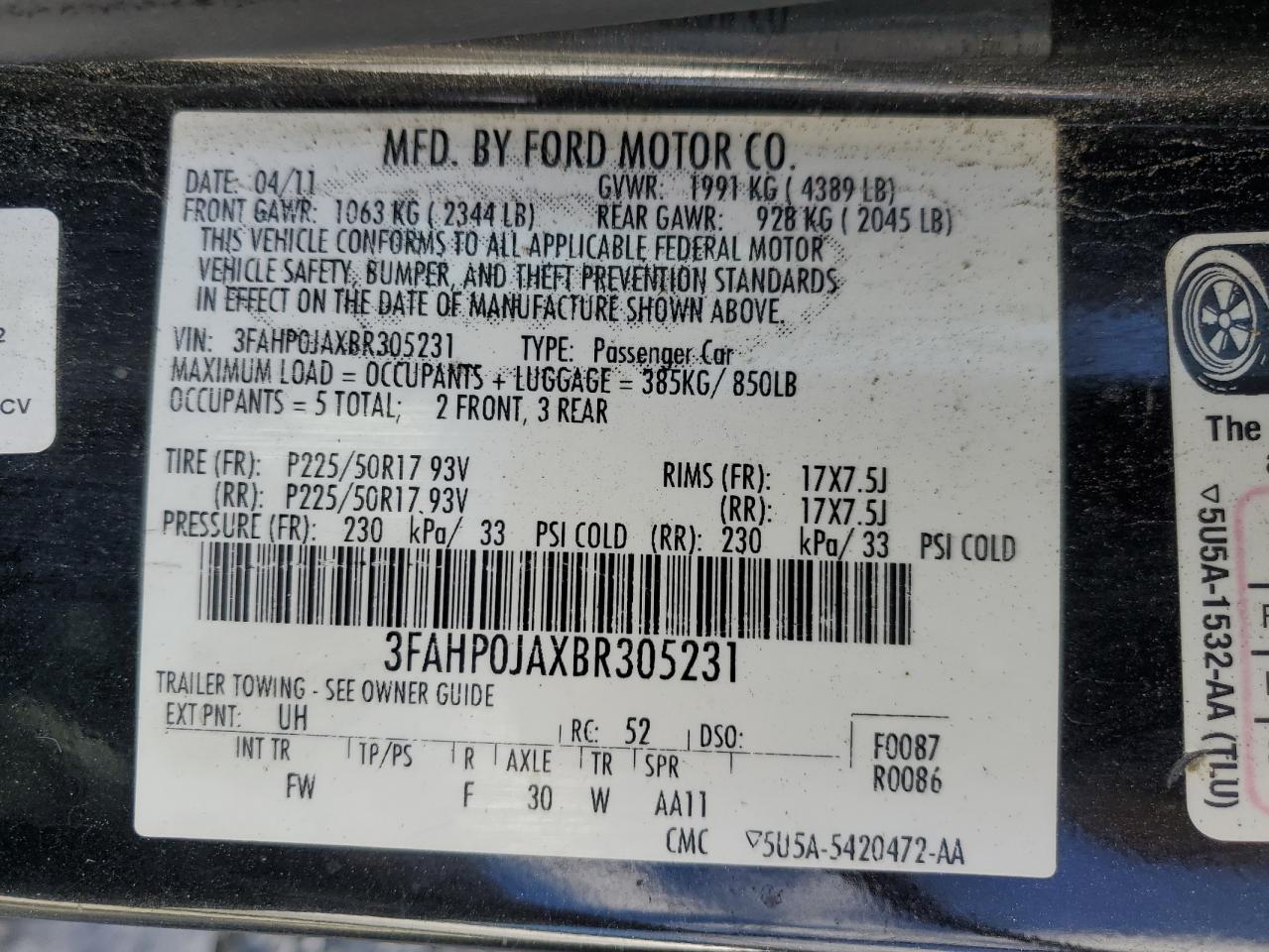 2011 Ford Fusion Sel VIN: 3FAHP0JAXBR305231 Lot: 91743795