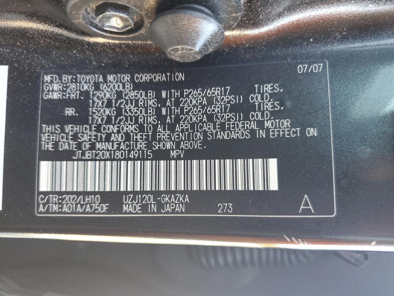 2008 Lexus Gx 470 VIN: JTJBT20X180149115 Lot: 93206535