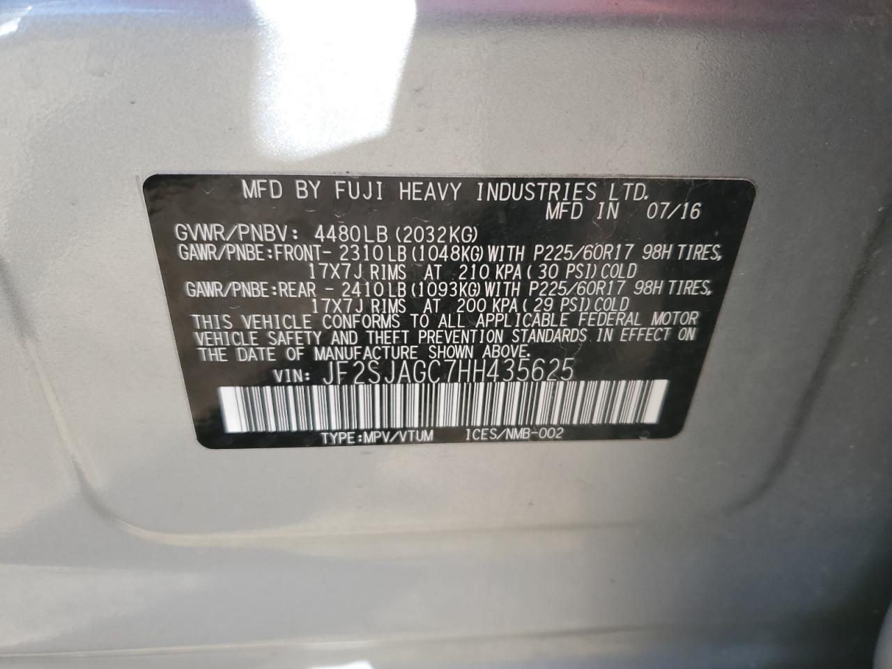 2017 Subaru Forester 2.5I Premium VIN: JF2SJAGC7HH435625 Lot: 91974525