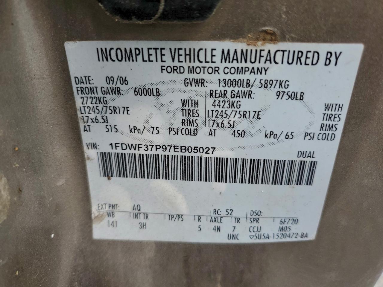 2007 Ford F350 Super Duty VIN: 1FDWF37P97EB05027 Lot: 93933995