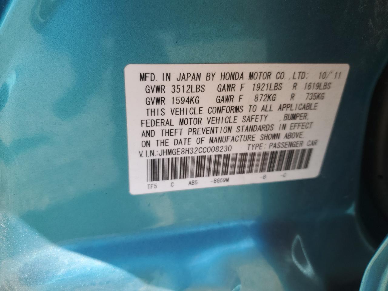 2012 Honda Fit VIN: JHMGE8H32CC008230 Lot: 92439165