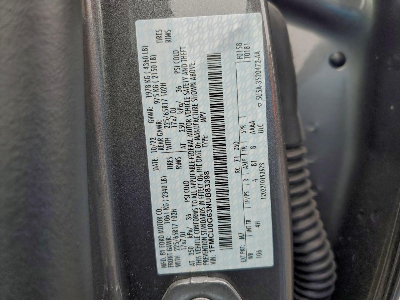 2022 Ford Escape Se VIN: 1FMCU0G63NUB83398 Lot: 94355565