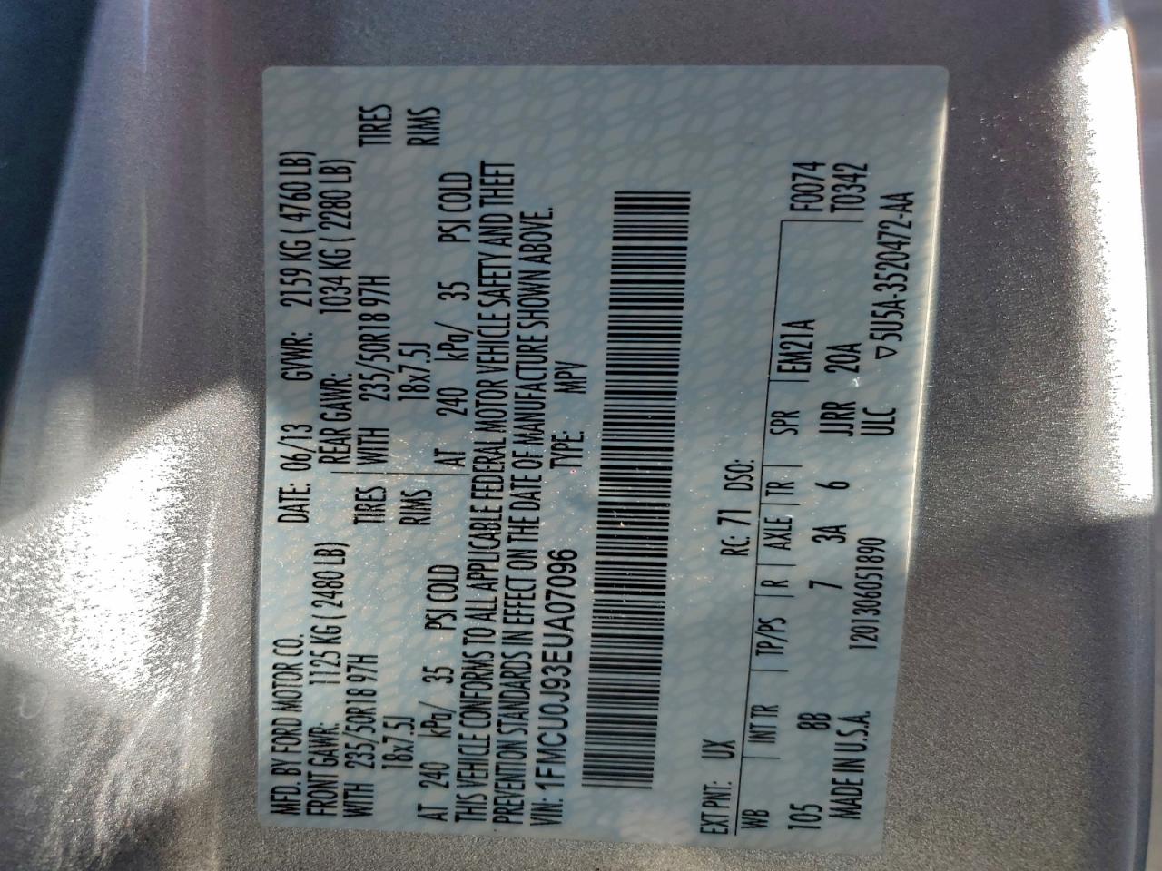 2014 Ford Escape Titanium VIN: 1FMCU0J93EUA07096 Lot: 93740615