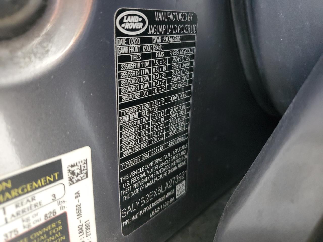 2020 Land Rover Range Rover Velar S VIN: SALYB2EX6LA273921 Lot: 92281315