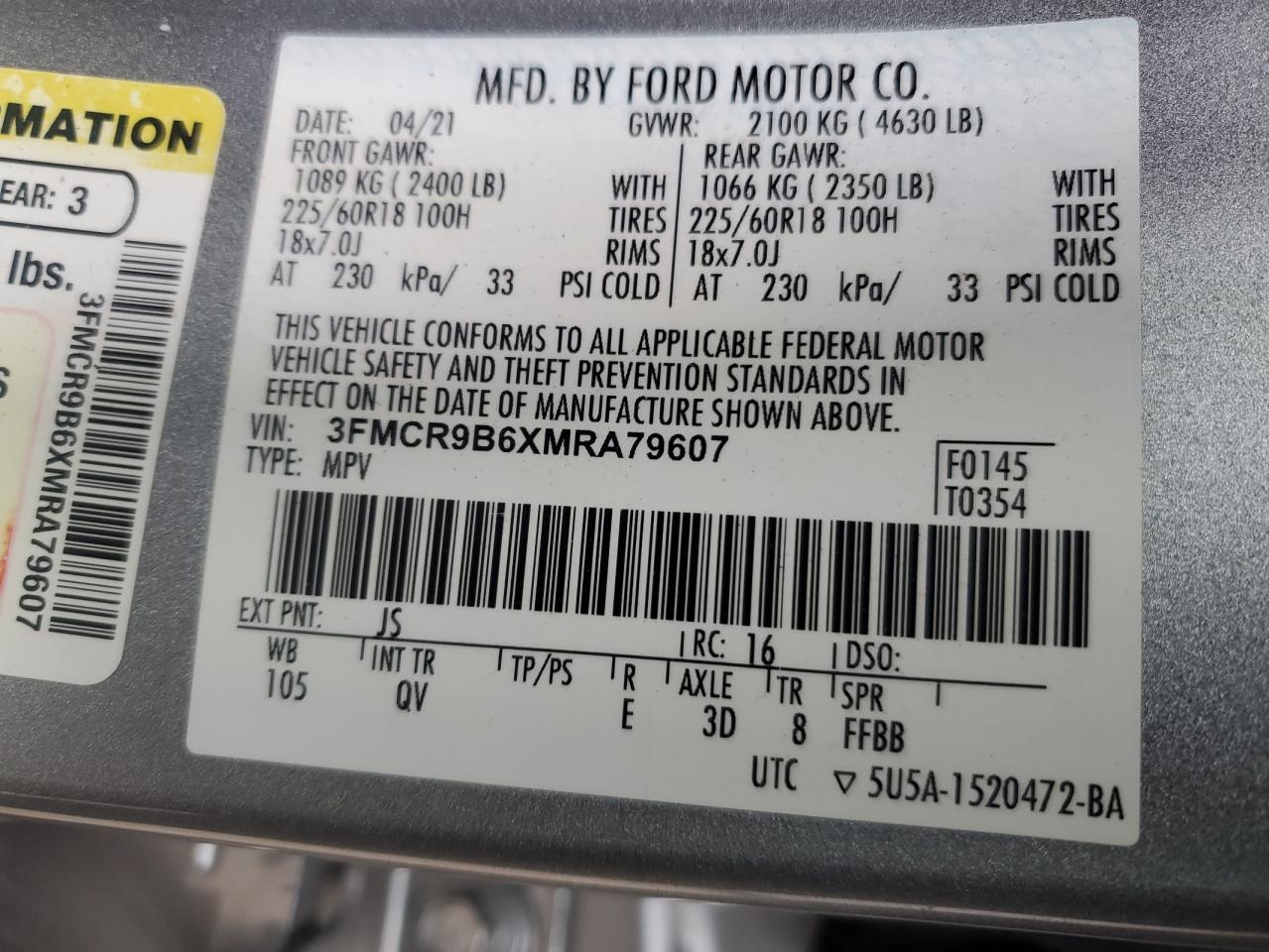 2021 Ford Bronco Sport Big Bend VIN: 3FMCR9B6XMRA79607 Lot: 93748175