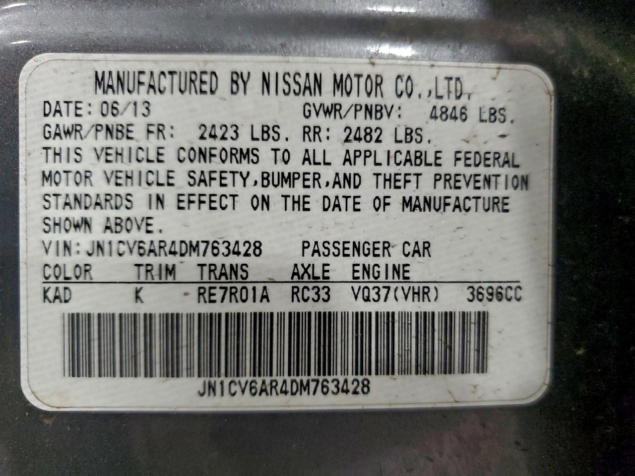 2013 Infiniti G37 VIN: JN1CV6AR4DM763428 Lot: 93017065