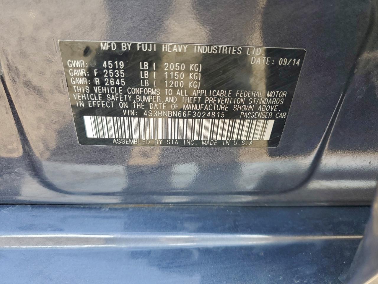 2015 Subaru Legacy 2.5I Limited VIN: 4S3BNBN66F3024815 Lot: 93758485