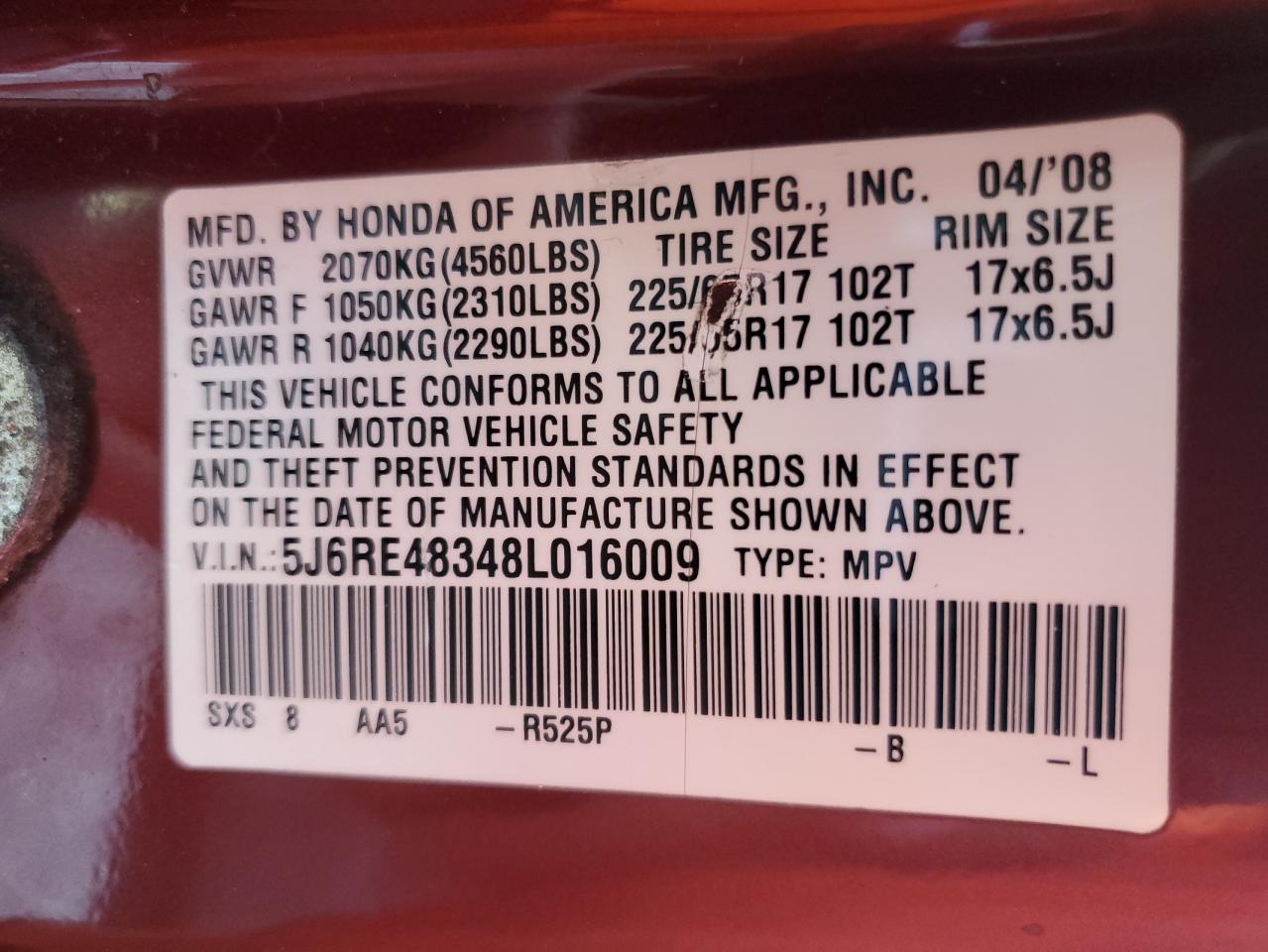 2008 Honda Cr-V Lx VIN: 5J6RE48348L016009 Lot: 91526685