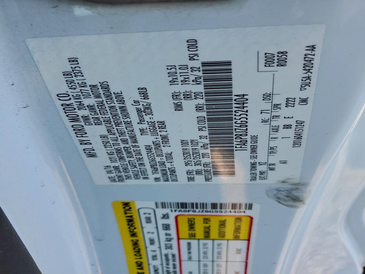 2016 Ford Mustang Shelby Gt350 VIN: 1FA6P8JZ6G5524404 Lot: 94319615