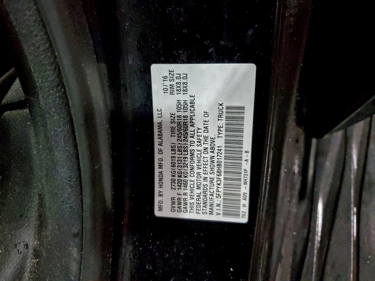 2017 Honda Ridgeline Rtl VIN: 5FPYK3F68HB017241 Lot: 94094235