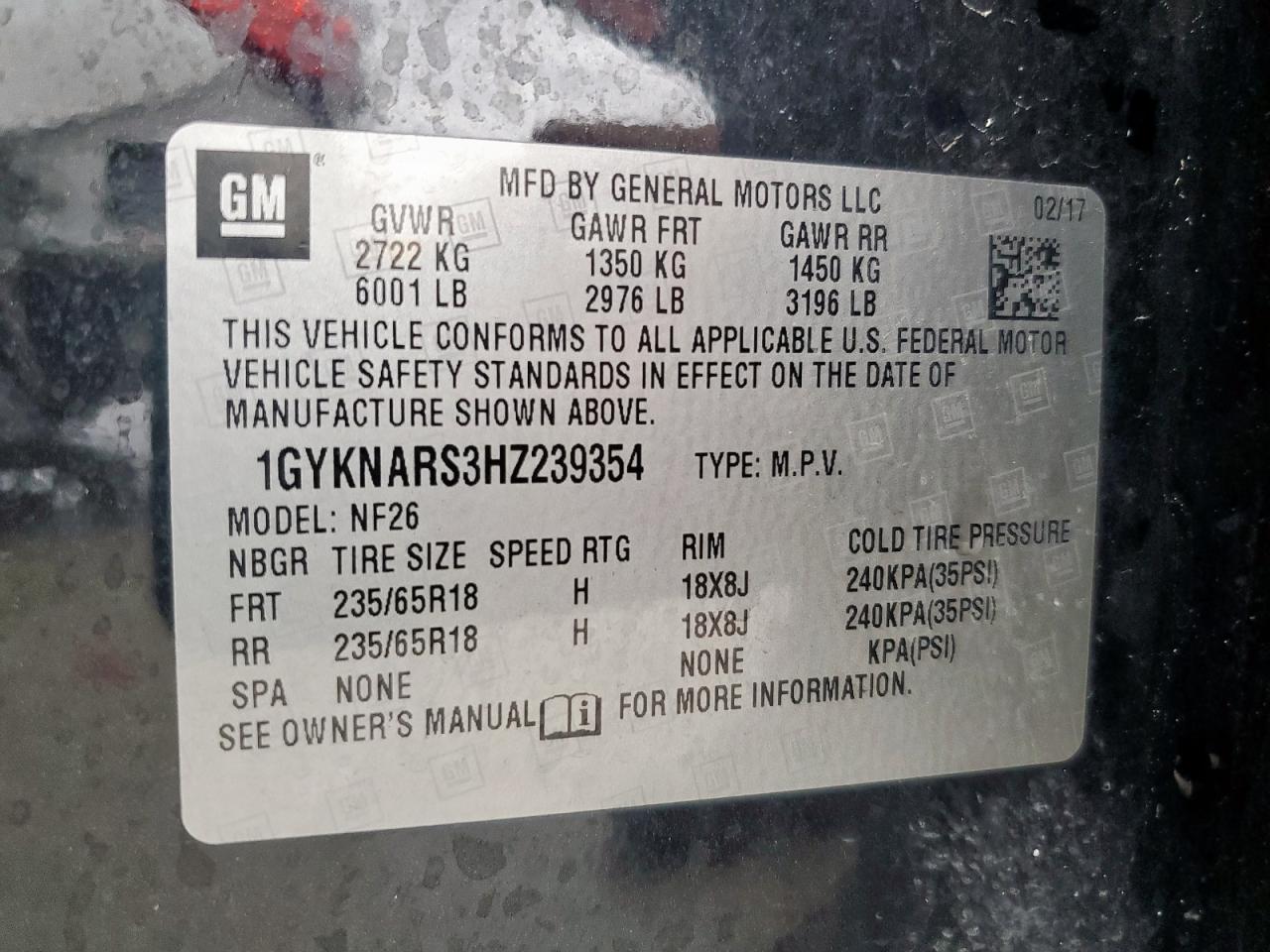 2017 Cadillac Xt5 VIN: 1GYKNARS3HZ239354 Lot: 93633845