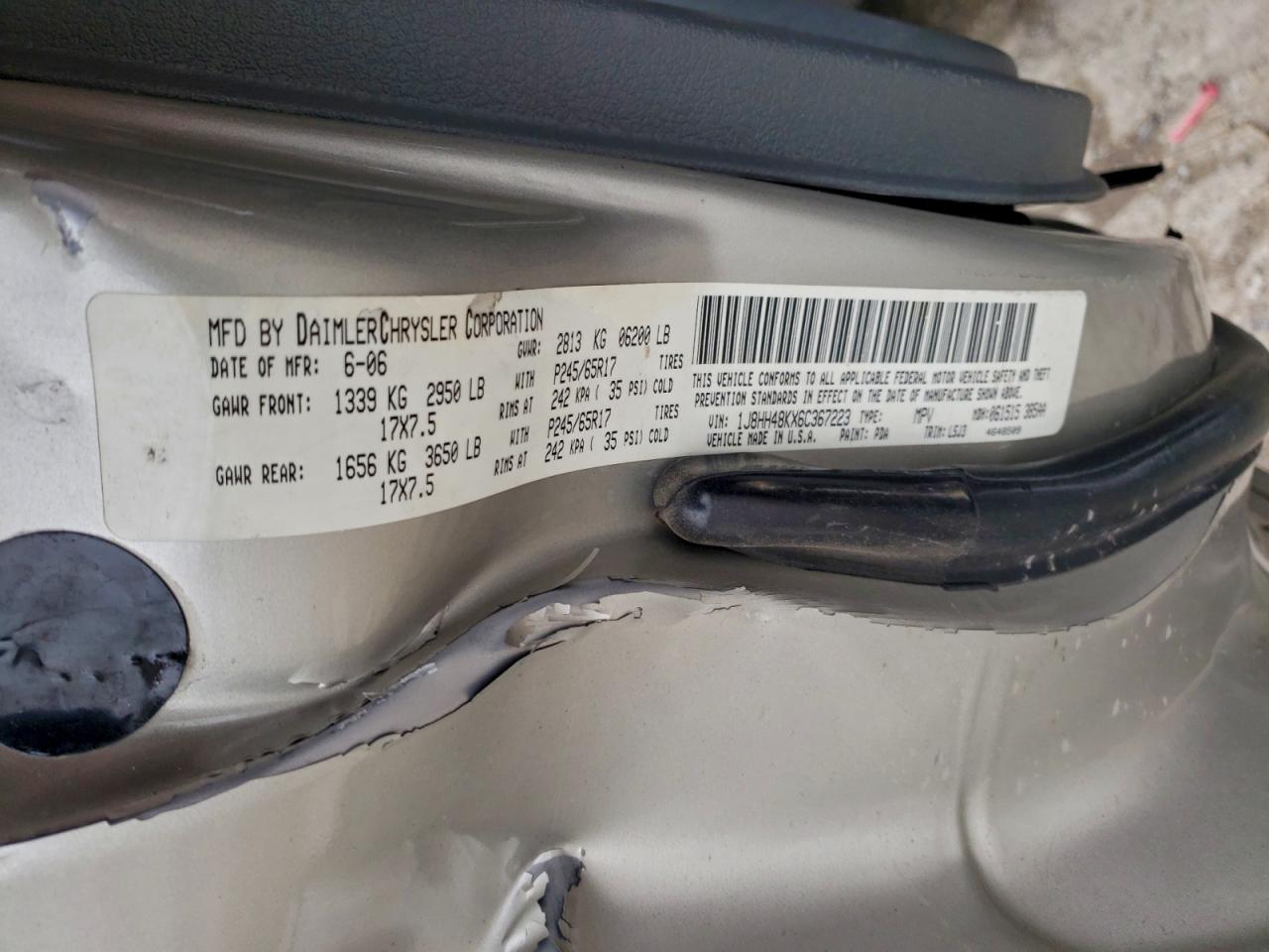 2006 Jeep Commander VIN: 1J8HH48KX6C367223 Lot: 93703555