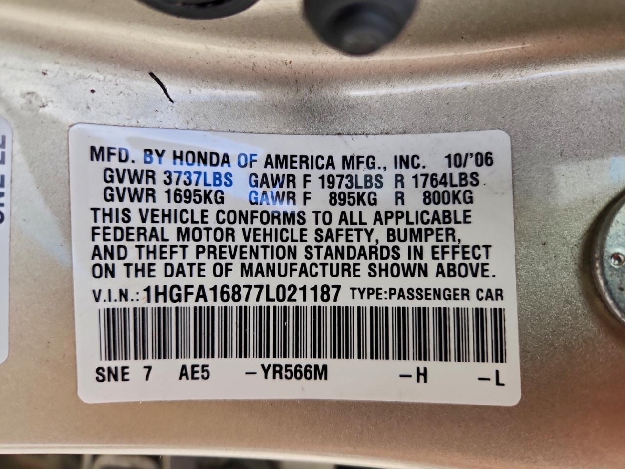 2007 Honda Civic Ex VIN: 1HGFA16877L021187 Lot: 94353235