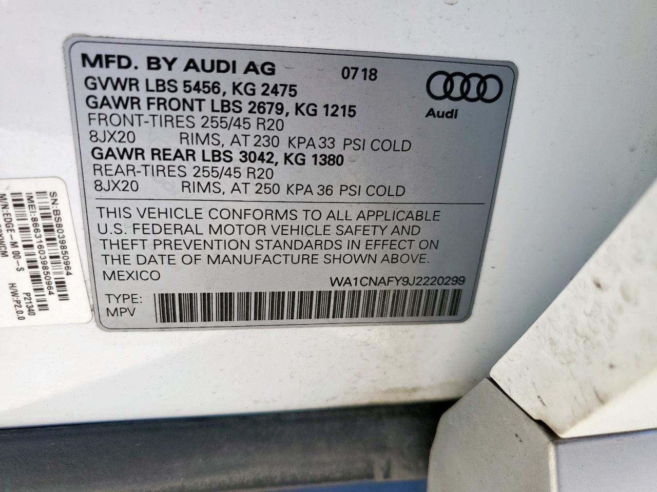 2018 Audi Q5 Prestige VIN: WA1CNAFY9J2220299 Lot: 92259625