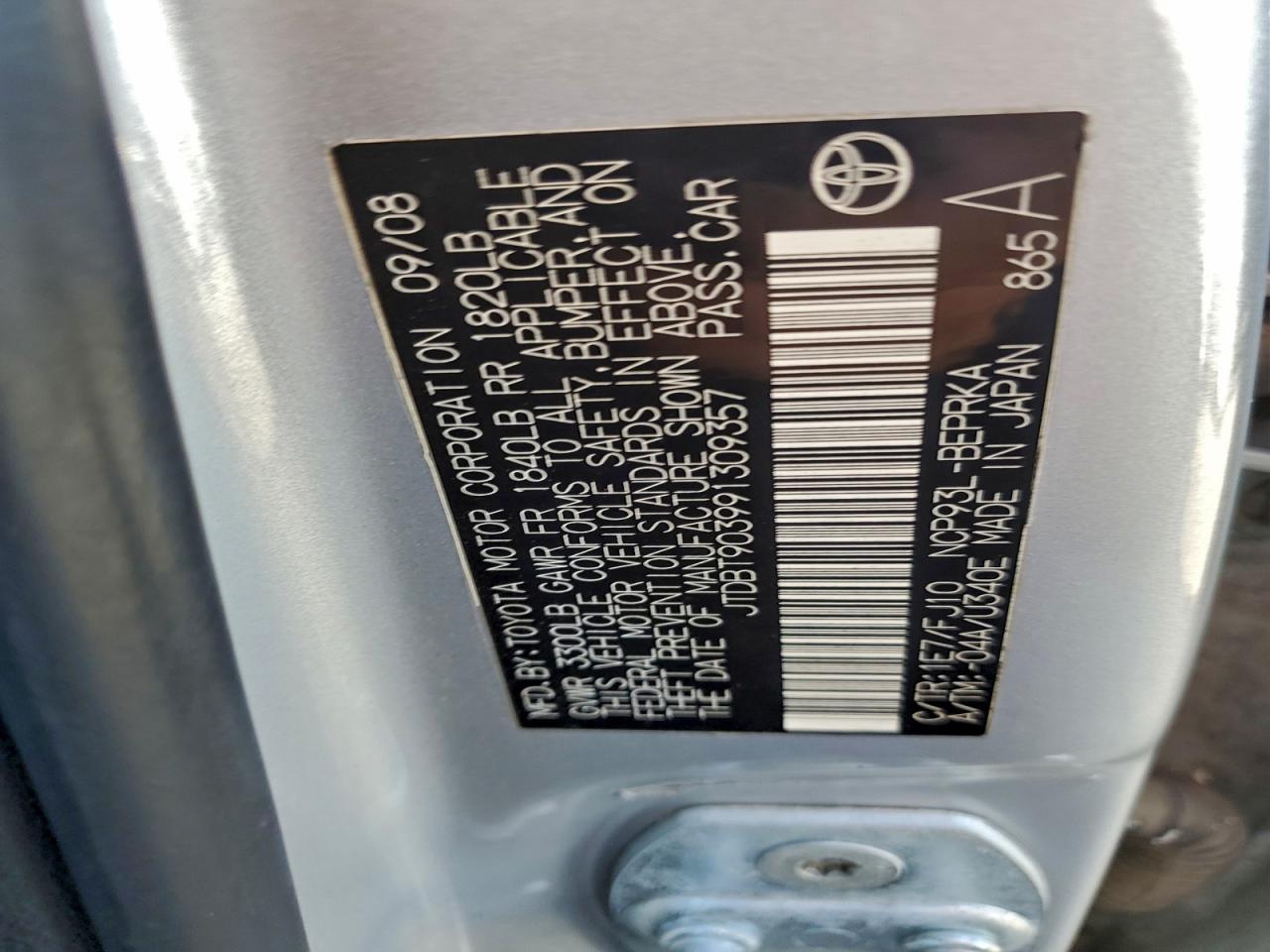 2009 Toyota Yaris VIN: JTDBT903991309357 Lot: 94157405