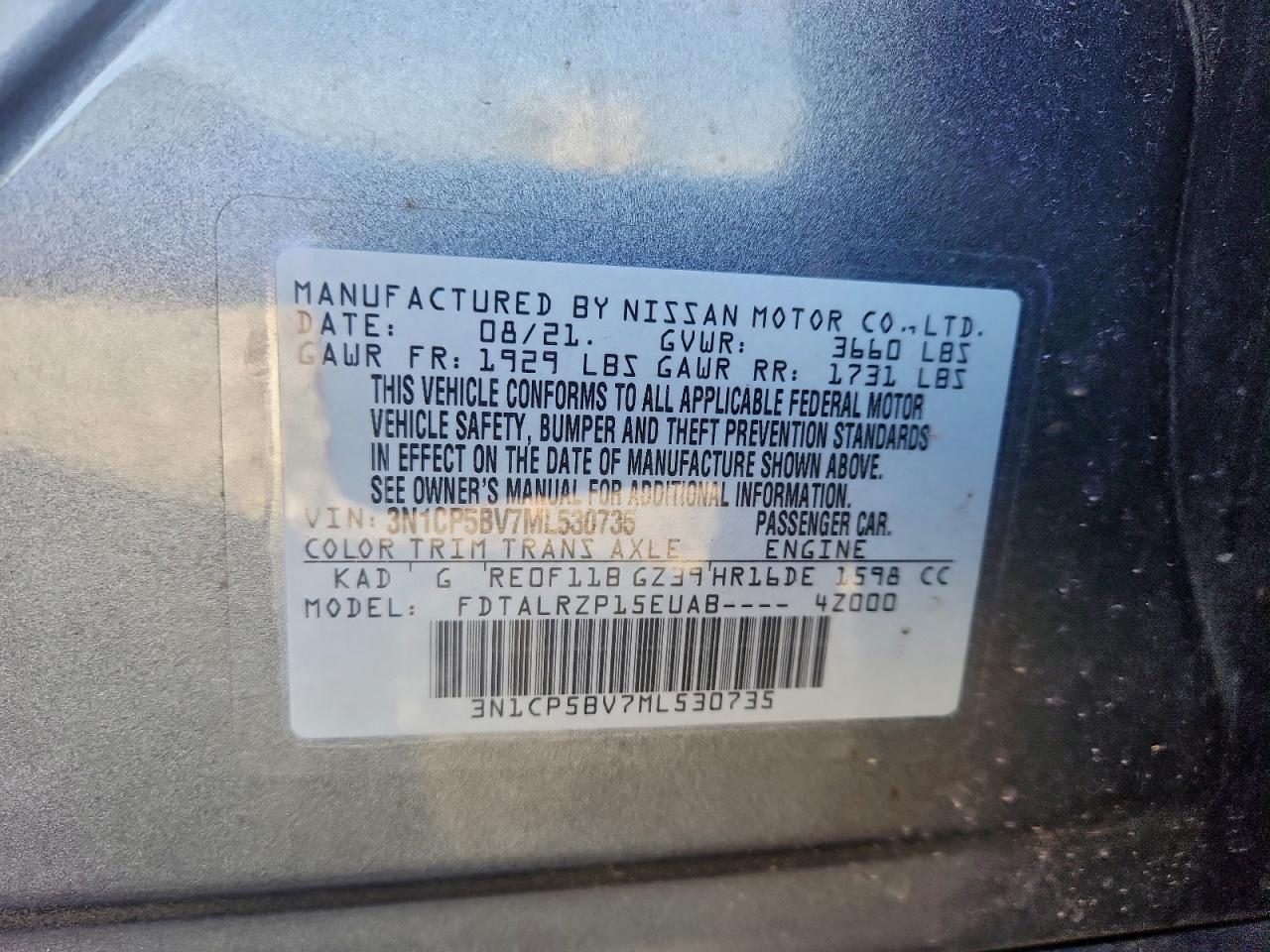 2021 Nissan Kicks S VIN: 3N1CP5BV7ML530735 Lot: 93664895