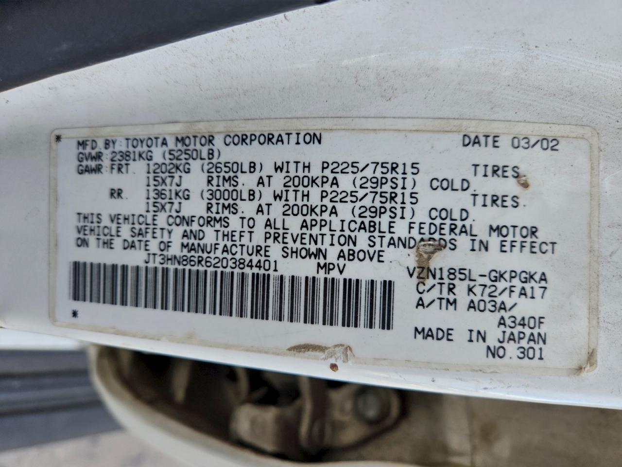 2002 Toyota 4Runner Sr5 VIN: JT3HN86R620384401 Lot: 94721885