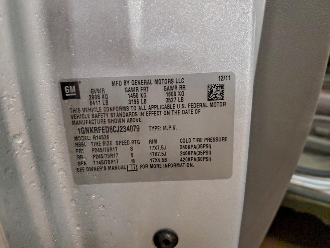 2012 Chevrolet Traverse Ls VIN: 1GNKRFED8CJ234079 Lot: 92663595