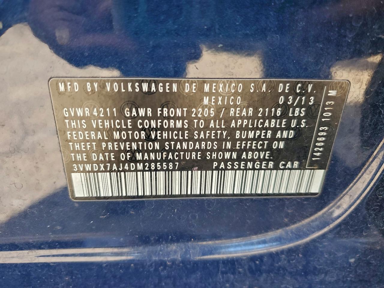 2013 Volkswagen Jetta Se VIN: 3VWDX7AJ4DM285587 Lot: 94494065