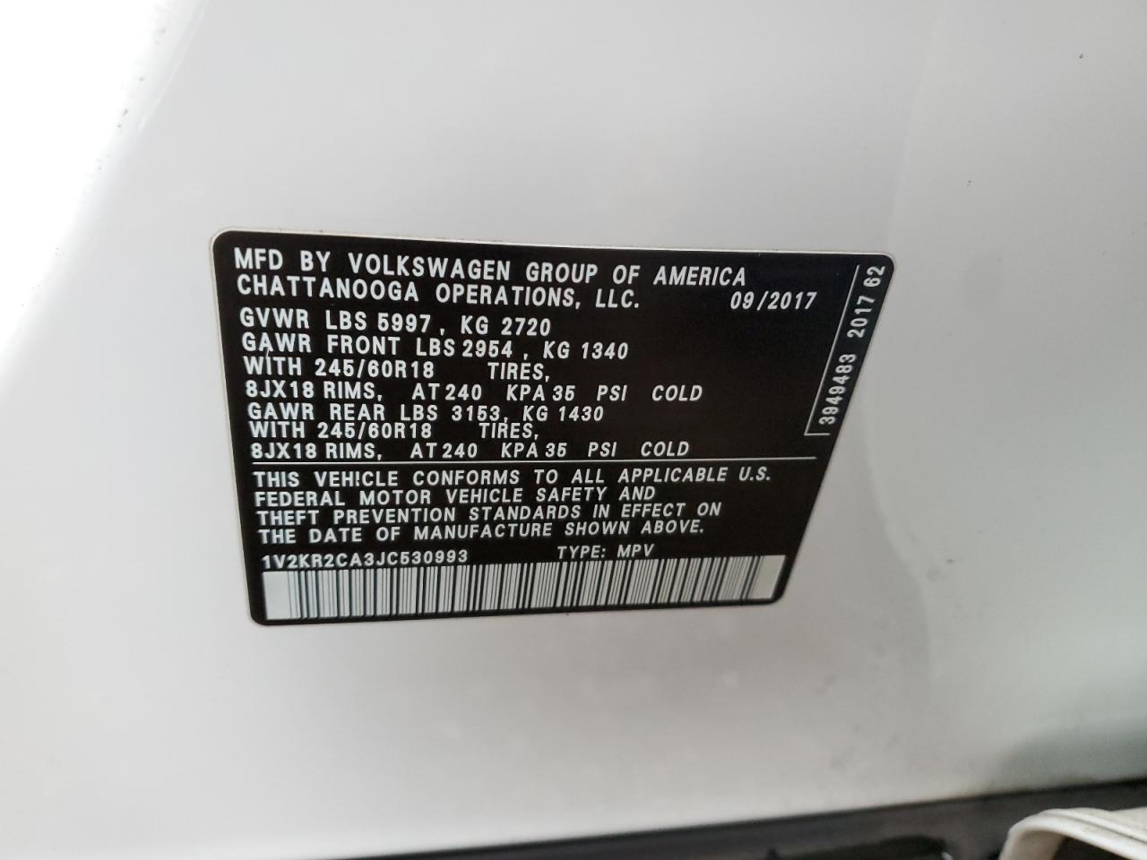 2018 Volkswagen Atlas Se VIN: 1V2KR2CA3JC530993 Lot: 92936665