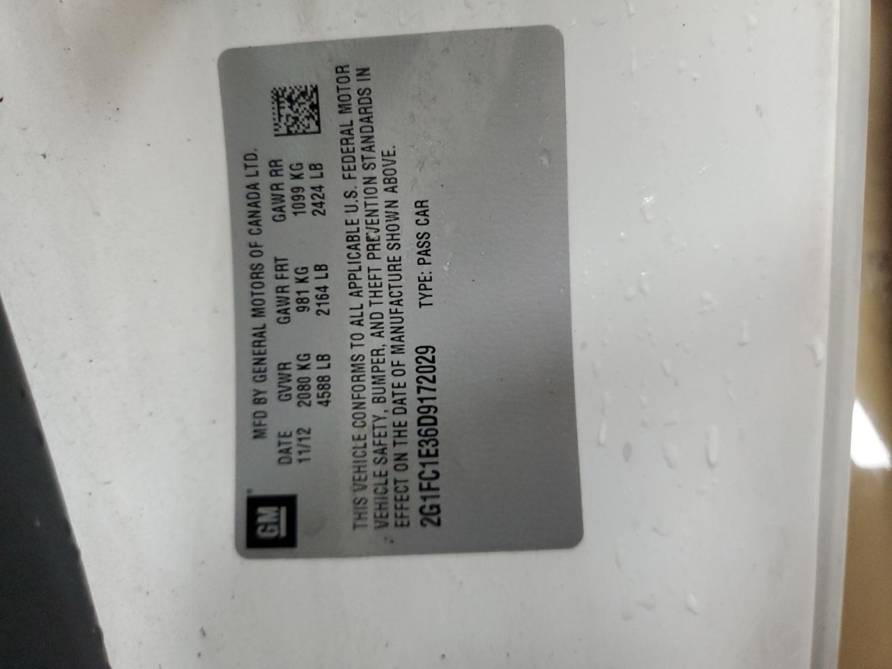 2013 Chevrolet Camaro Lt VIN: 2G1FC1E36D9172029 Lot: 92619305