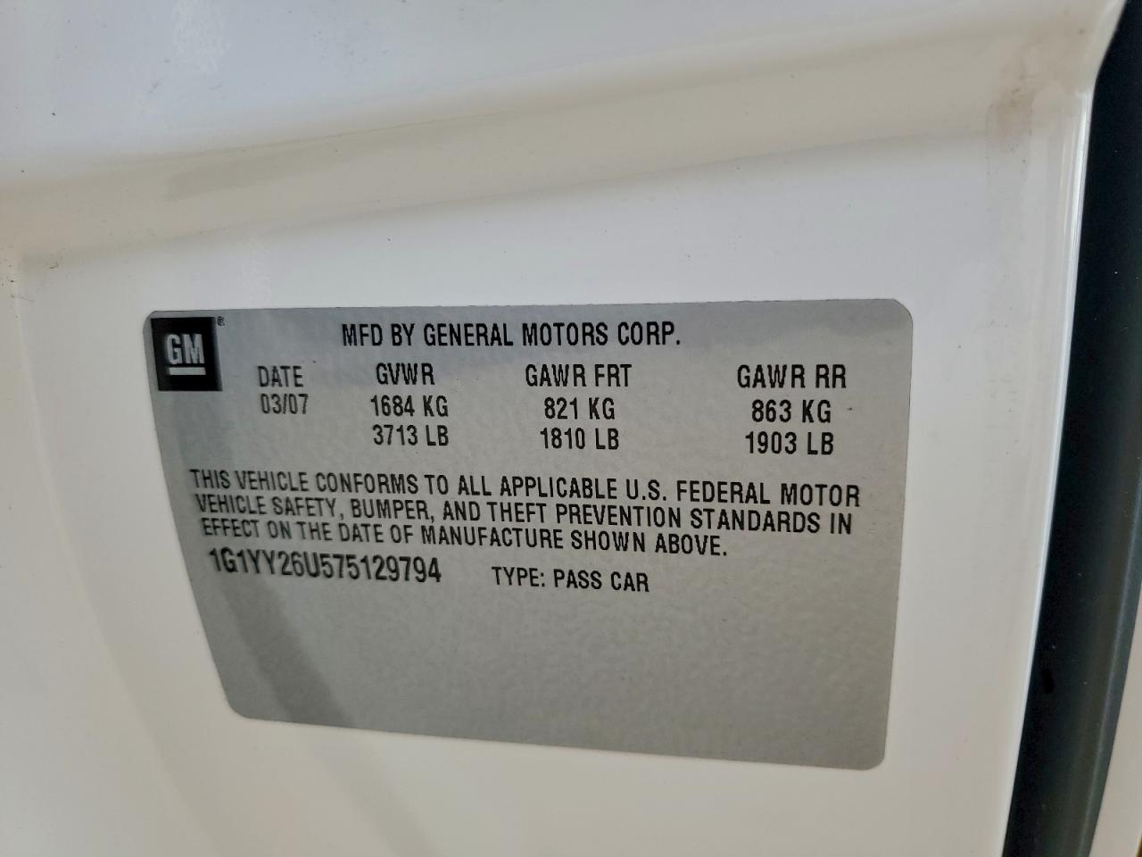 2007 Chevrolet Corvette VIN: 1G1YY26U575129794 Lot: 93957175