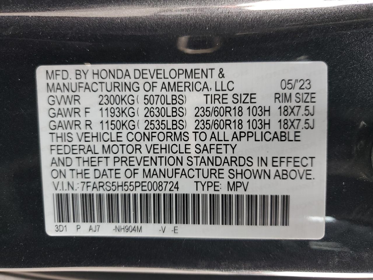 2023 Honda Cr-V Sport VIN: 7FARS5H55PE008724 Lot: 93376035