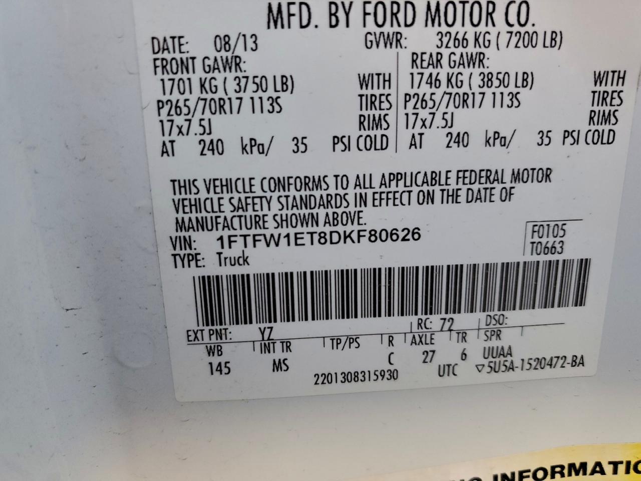 2013 Ford F150 Supercrew VIN: 1FTFW1ET8DKF80626 Lot: 94152415