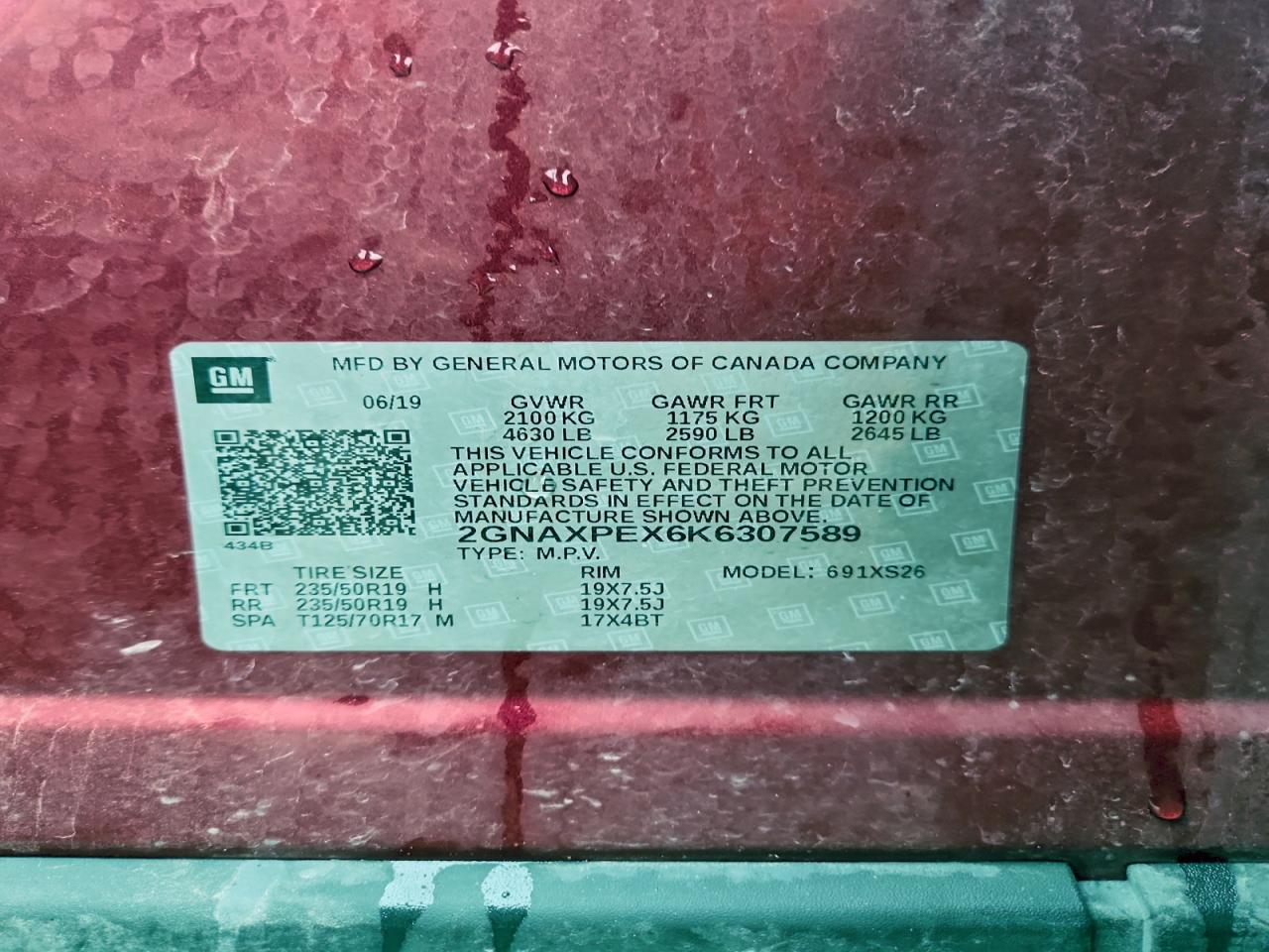 2019 Chevrolet Equinox Premier VIN: 2GNAXPEX6K6307589 Lot: 94128945