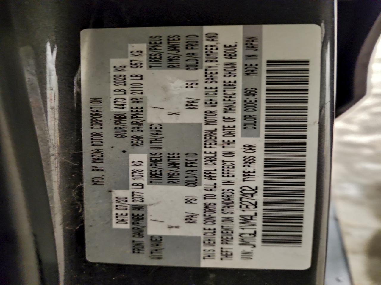 2020 Mazda 6 Touring VIN: JM1GL1VM4L1527402 Lot: 94089935