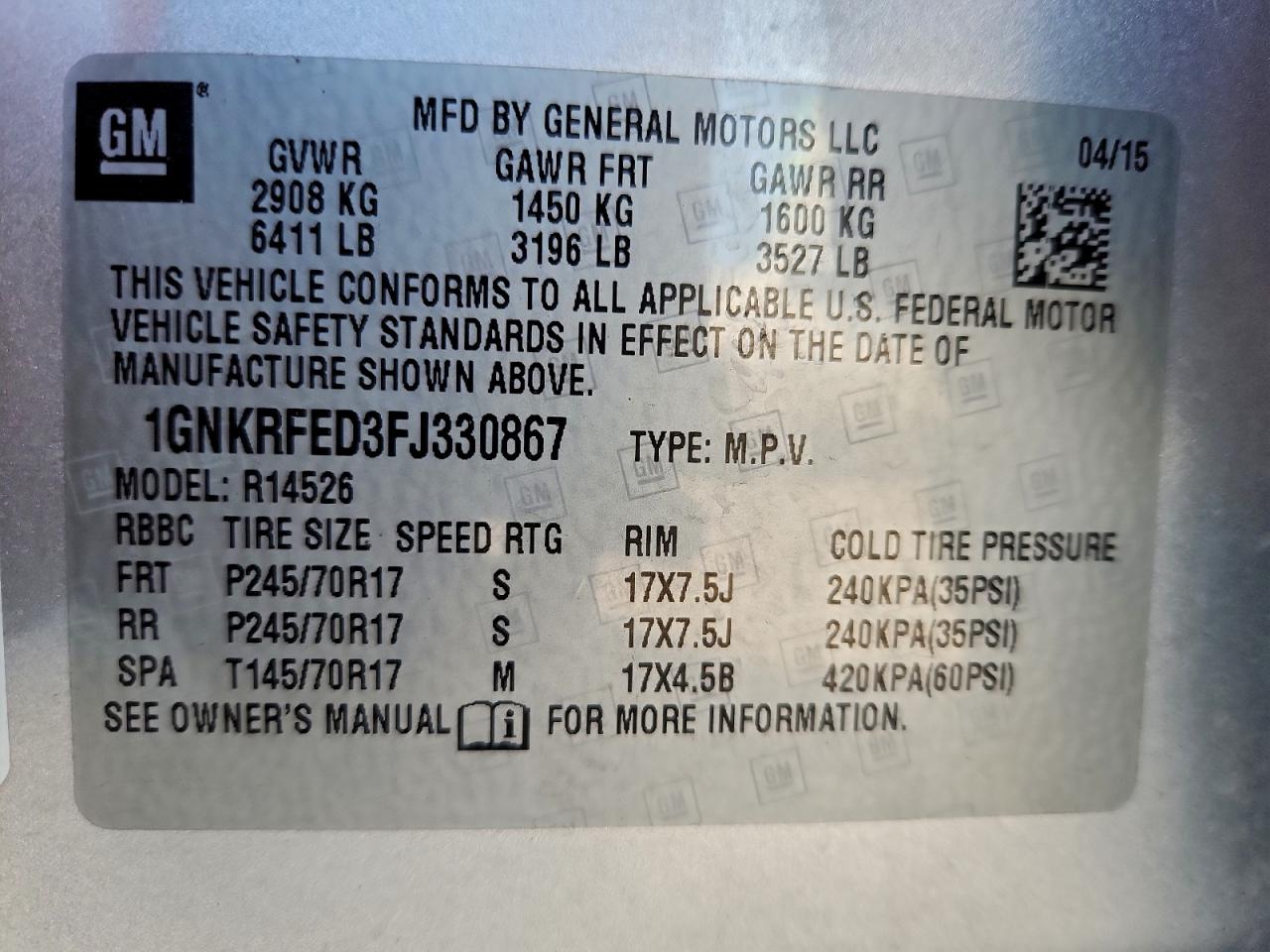 2015 Chevrolet Traverse Ls VIN: 1GNKRFED3FJ330867 Lot: 94035315