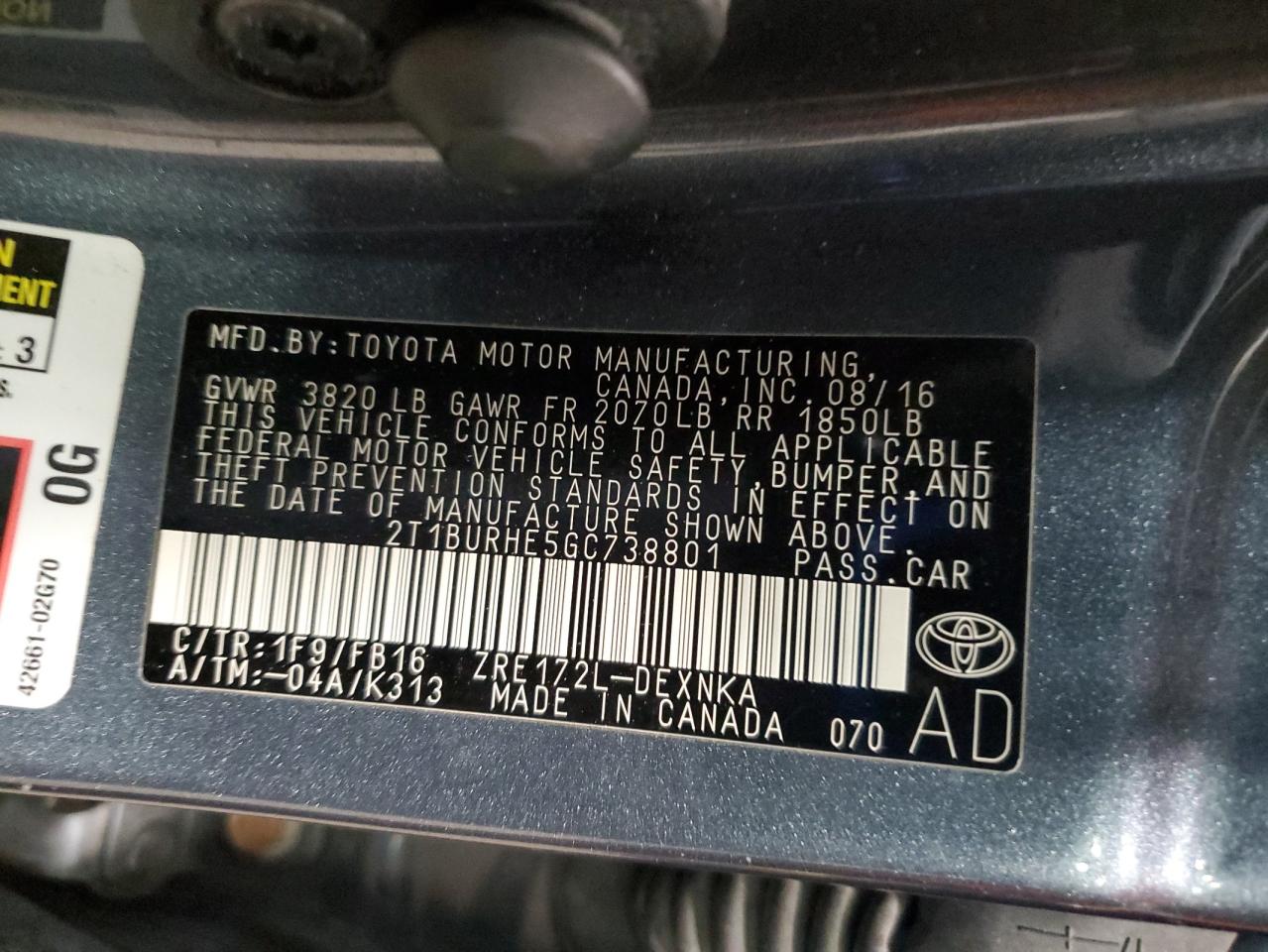 2016 Toyota Corolla L VIN: 2T1BURHE5GC738801 Lot: 91285895