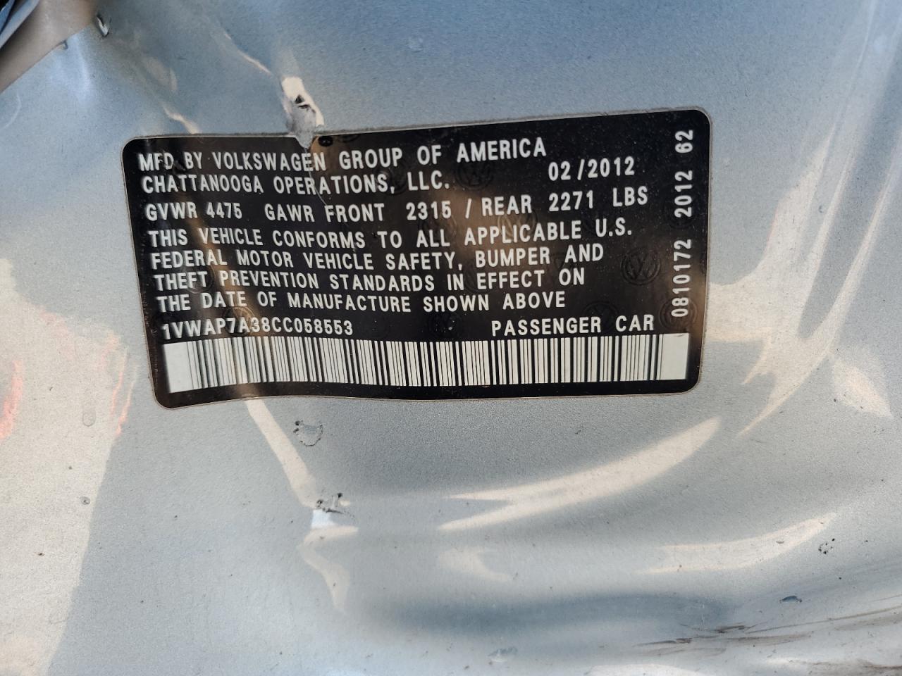 2012 Volkswagen Passat S VIN: 1VWAP7A38CC058553 Lot: 93152725