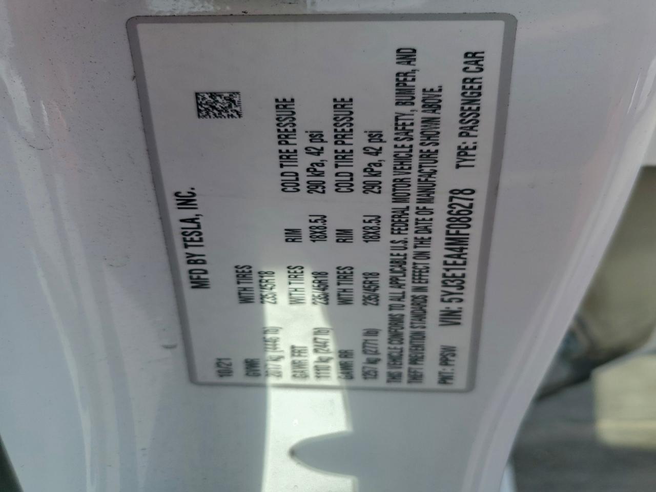 2021 Tesla Model 3 VIN: 5YJ3E1EA4MF086278 Lot: 93626995