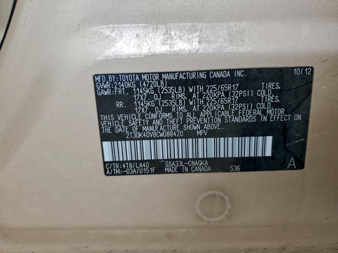 2012 Toyota Rav4 Limited VIN: 2T3DK4DV8CW088420 Lot: 93269265